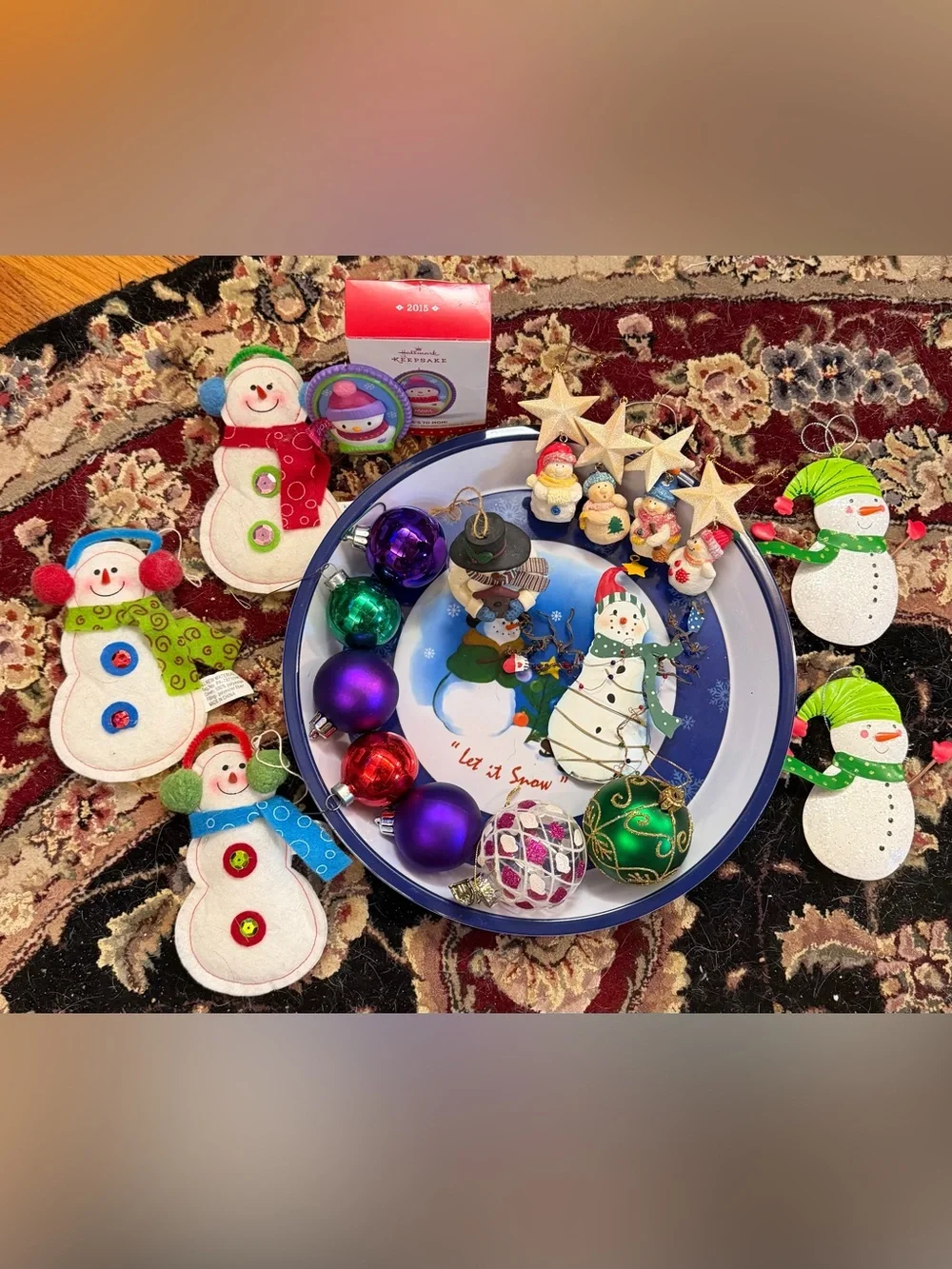 Holiday Snowman Decorative Plate with Assorted Christmas Ornaments -